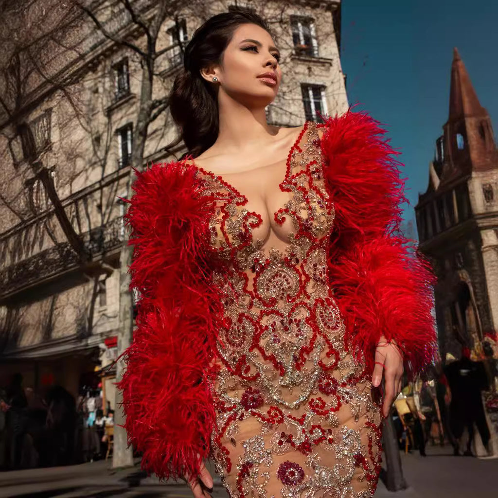 Red Feather Mesh Rhinestone Dress with Long Sleeves for Women