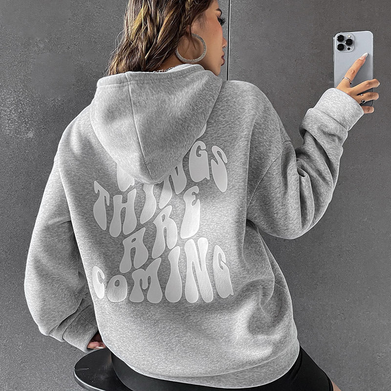 Sweat à capuche brossé avec imprimé lettre et poche kangourou