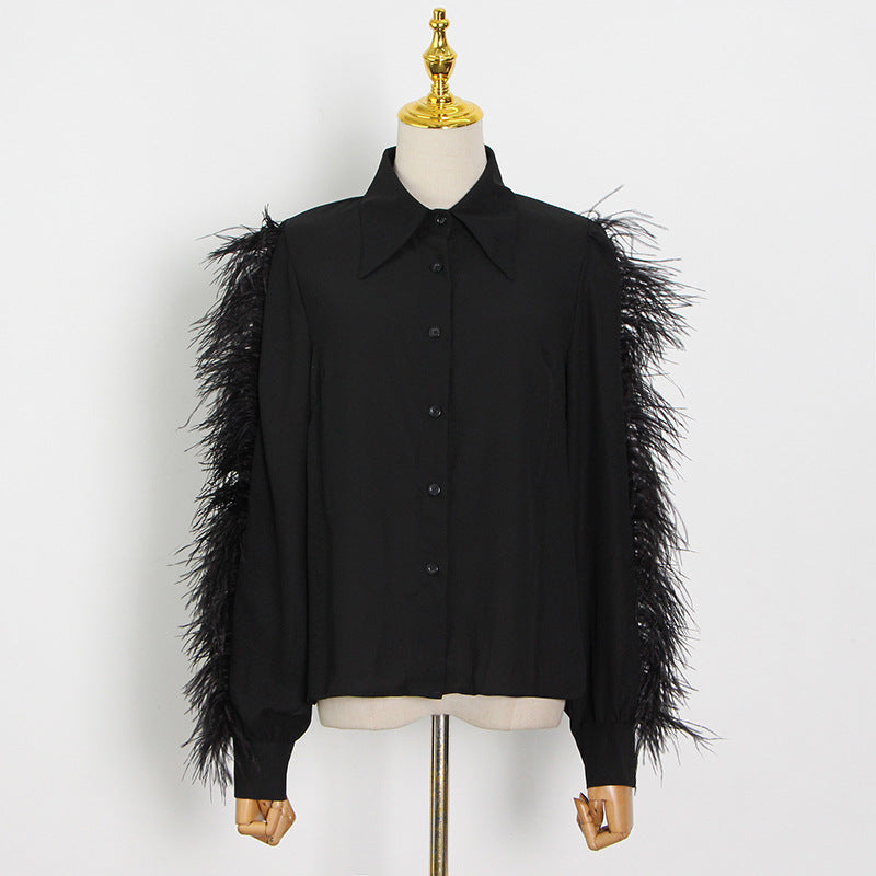 Lapel Long Sleeve Slim Fit Ostrich Hair Panel Shirt