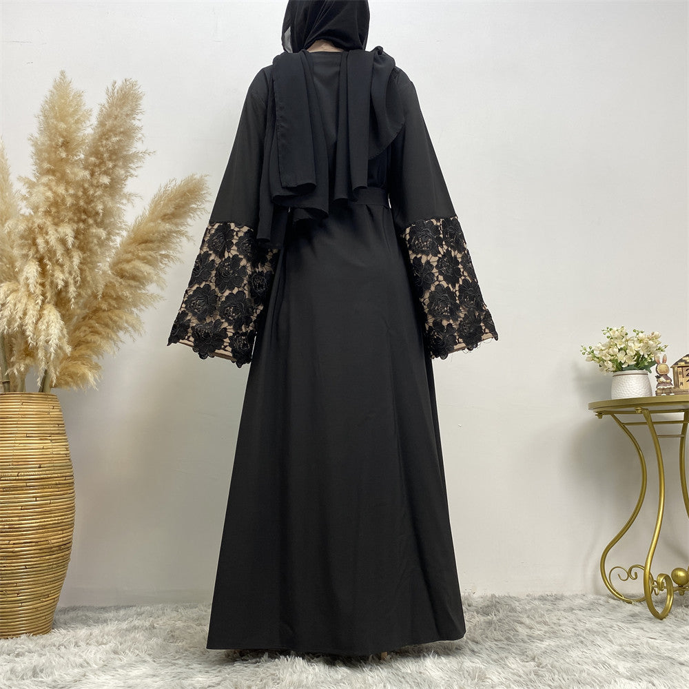Plus Size Black Lace Cuffs Patchwork Long Sleeve Lace-Up Cardigan Robe for Women