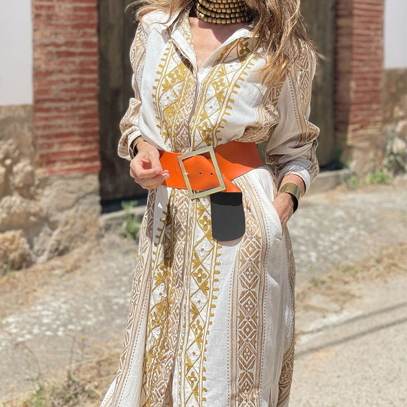 Arabian Fashion Geometric Print Long Sleeve Mid-Length Dress White Polyester