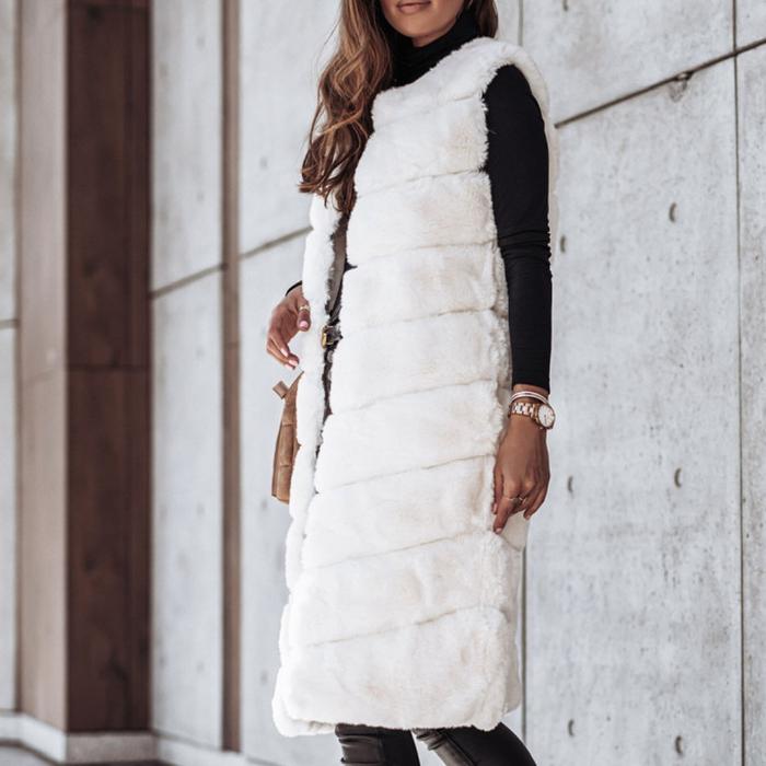 Long round neck fur vest jacket