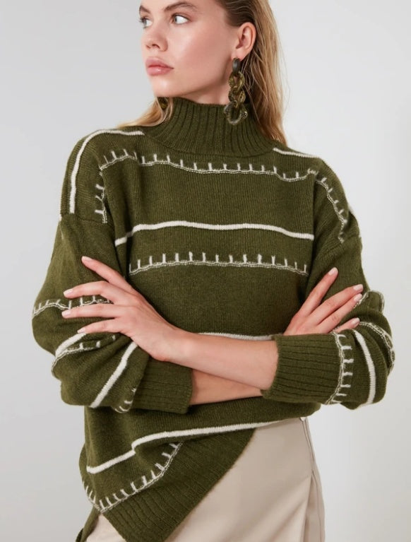 Wool Colorblock Half High Round Neck Turtleneck Sweater