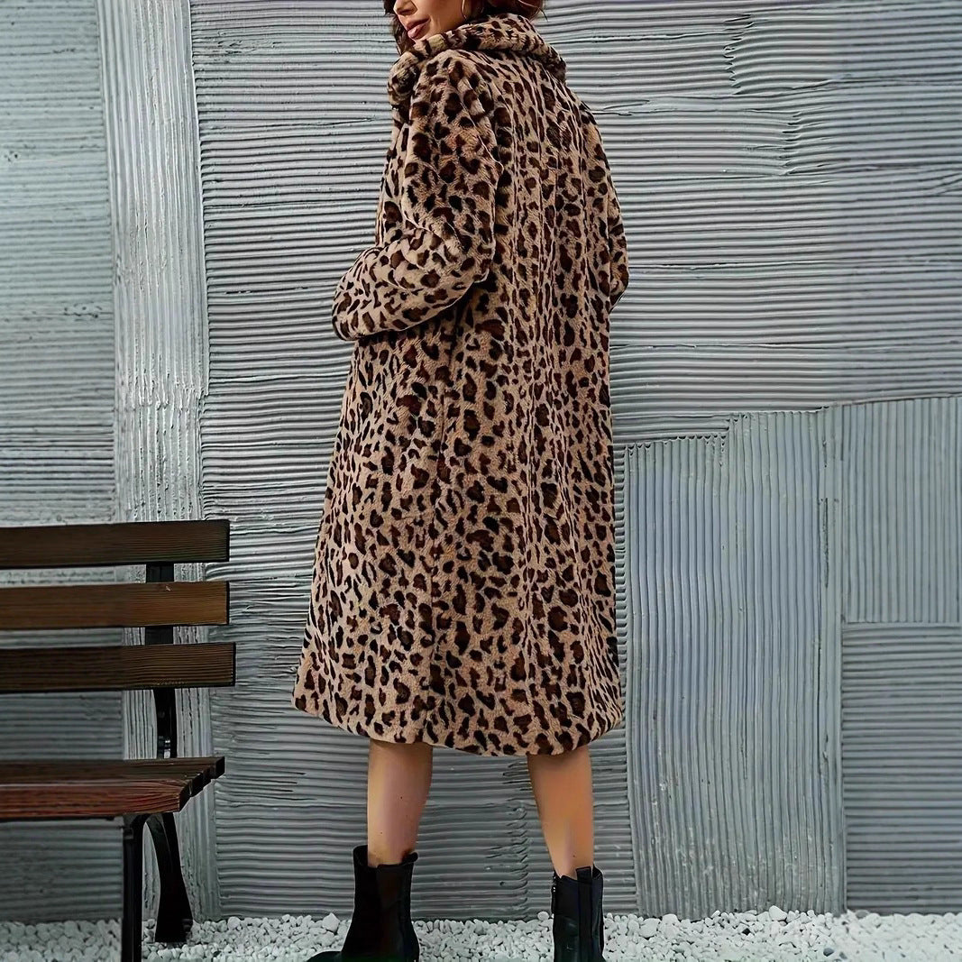 Fashion Loose Casual Mid-length Fur Leopard Print Coat Jacket Trench Coat