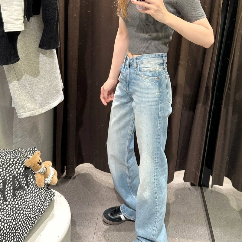 Jeans droits taille haute bleus délavés grande taille pour femme Printemps