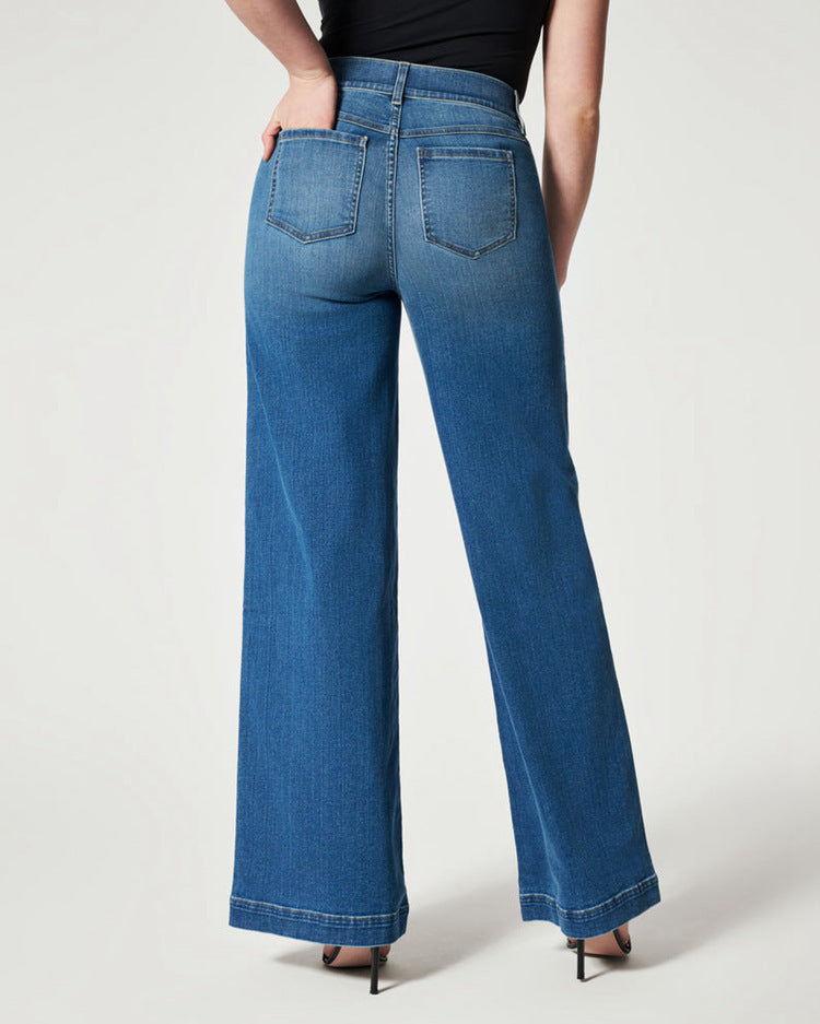 Jeans femme taille mi-haute jambe droite large avec taille haute élastique