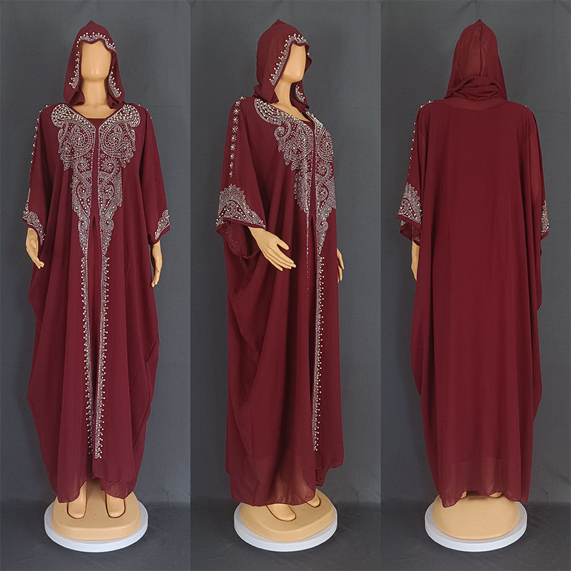 Rhinestone Beaded Muslim Hooded Long Gown Dress
