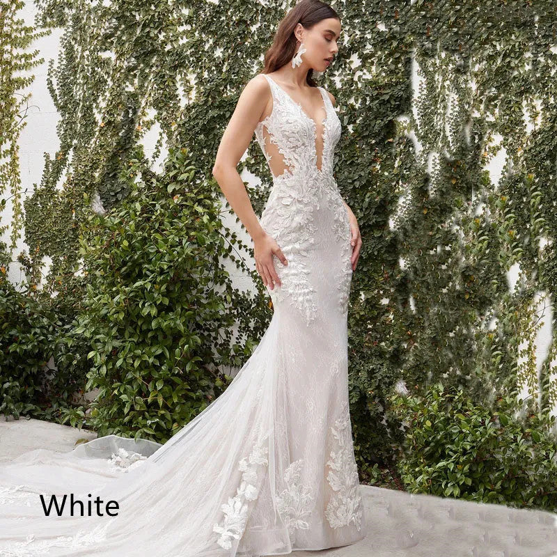 Women's V Neck Lace Wedding Dress Polyester Solid Color
