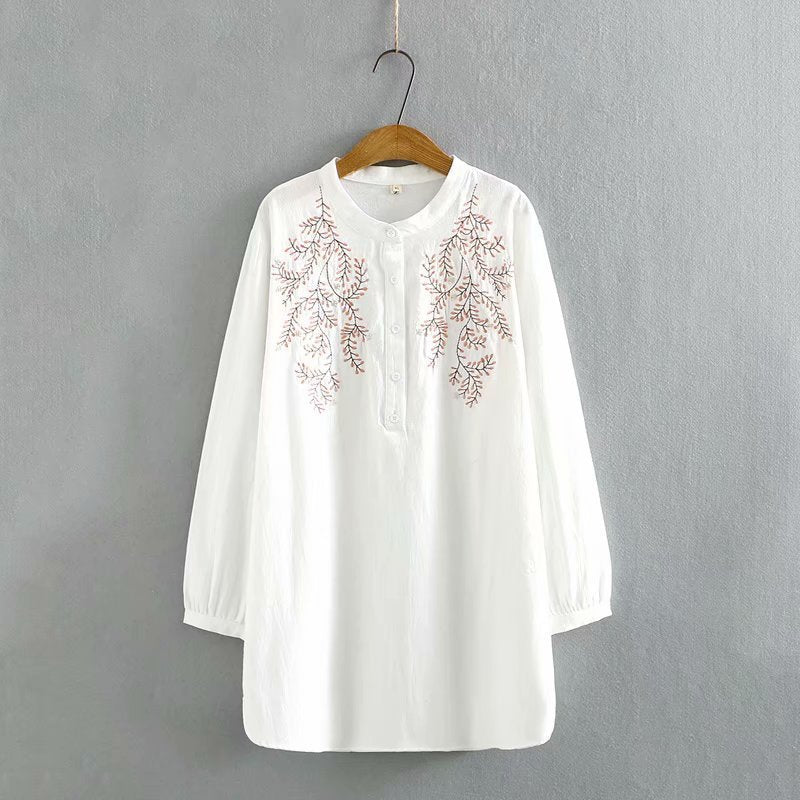 Women's Loose Long-Sleeve Cotton Embroidered Stand-Collar Shirt
