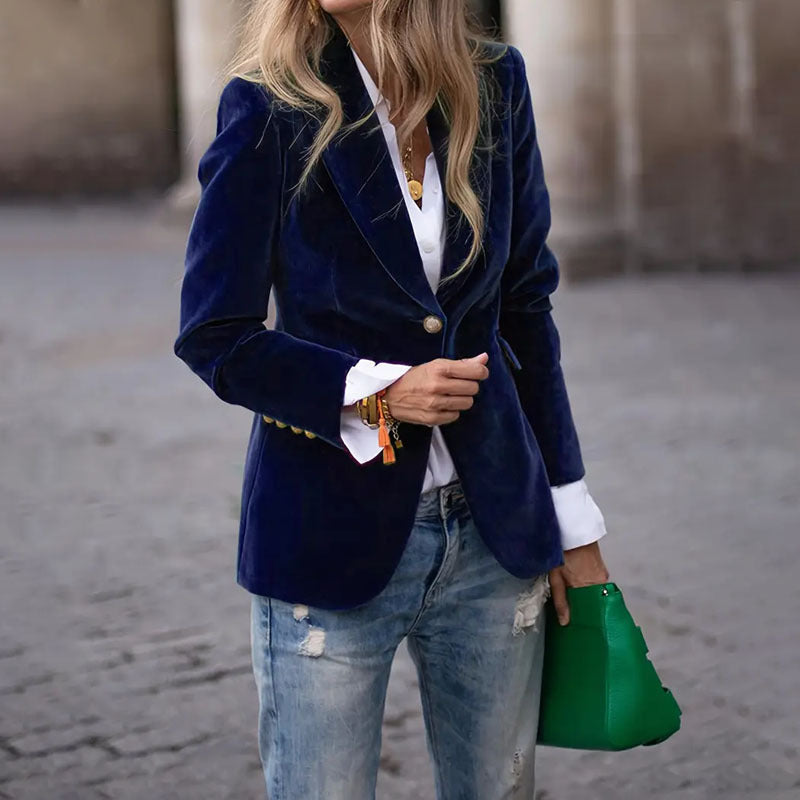 Veste décontractée croisée simple cintrée à revers en velours pour femme