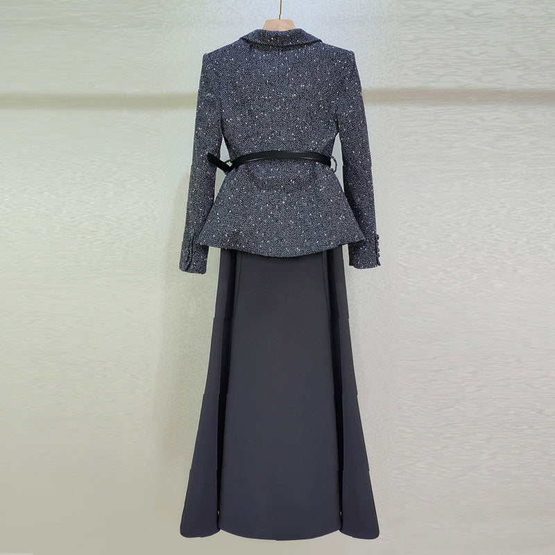Waist-Tight Lapel Patchwork Two-Piece Dress Set