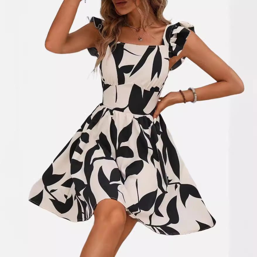 Printed Lace-Up Backless Frill Holiday Dress