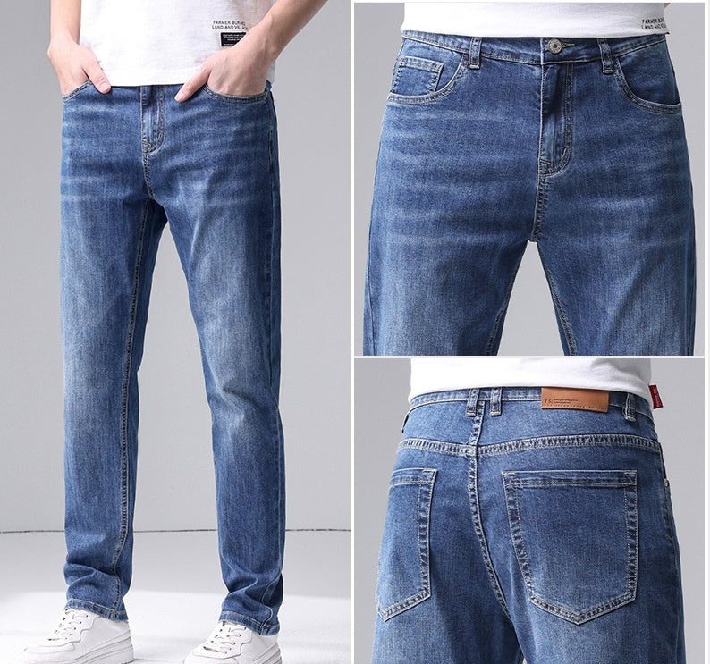 Men's Slim Fit Straight Jeans Mid Waist Cotton