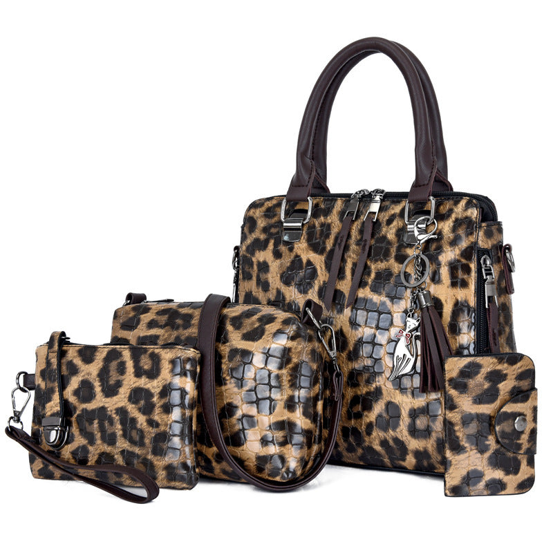 Tassel Portable Snakeskin Pattern Mother Bag Set with Handbag, Crossbody, and Wallet