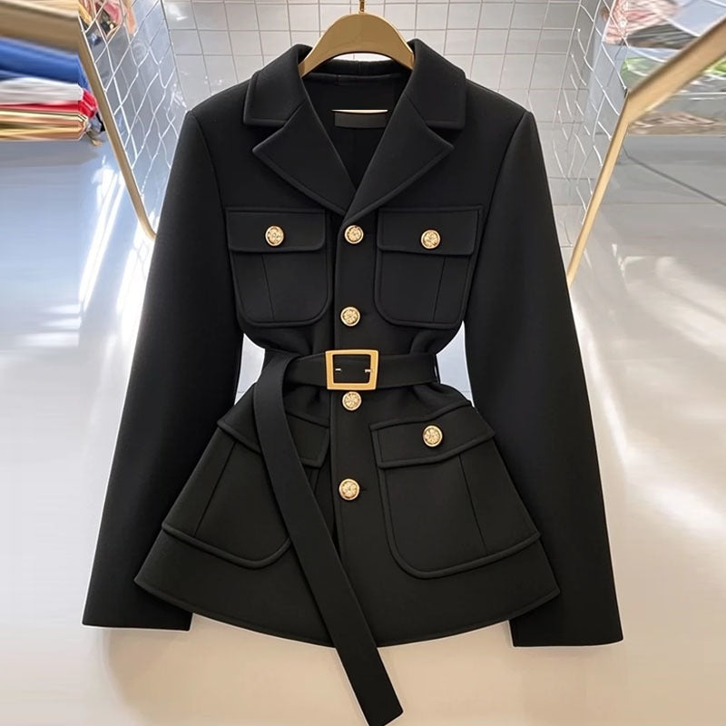Women's Black Suit Waist Trimming Coat Short
