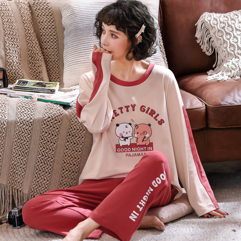 Ladies Cotton Long-Sleeve Cartoon Pajama Set for Home & Outside Wear
