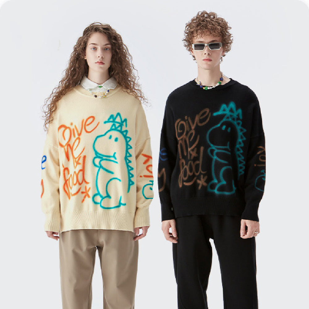 Men's Graffiti Print Loose Knit Sweater in Black & Apricot