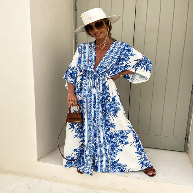 Spring Summer V-Neck Short Sleeve Printed Long Swing Skirt