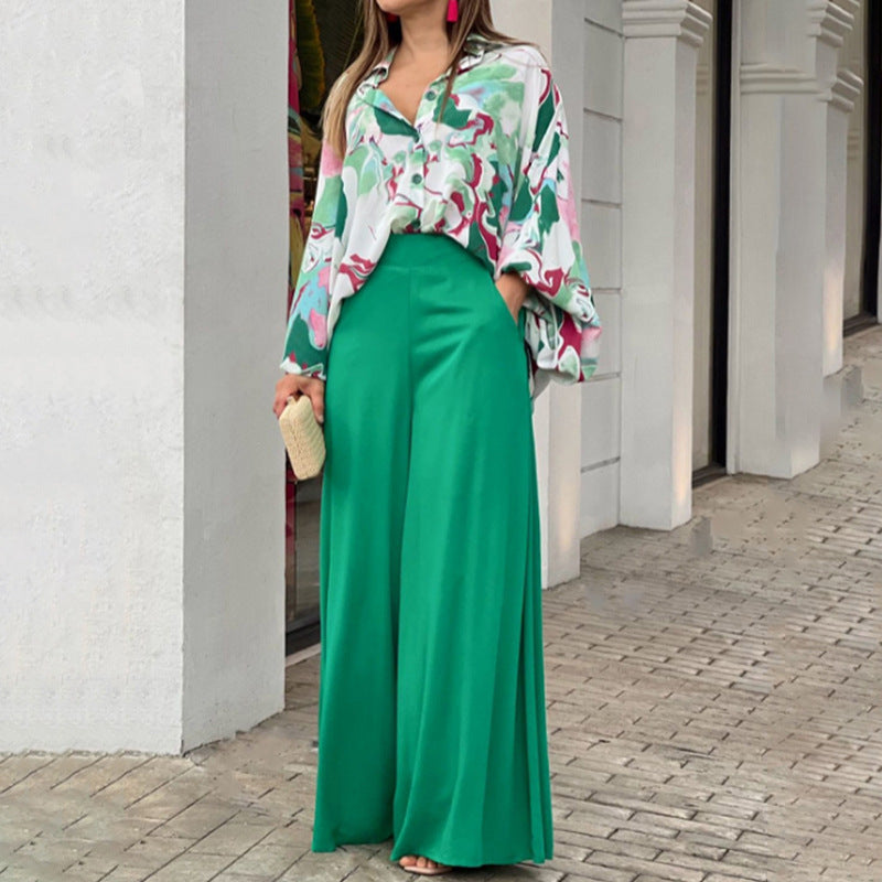 Ensemble élégant chemise imprimée et pantalon large