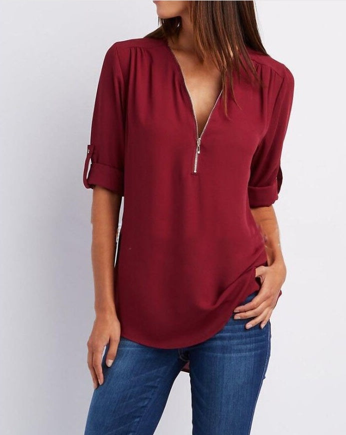 Chemisier ample zippé à col en V et manches courtes pour femme, disponible en plusieurs coloris
