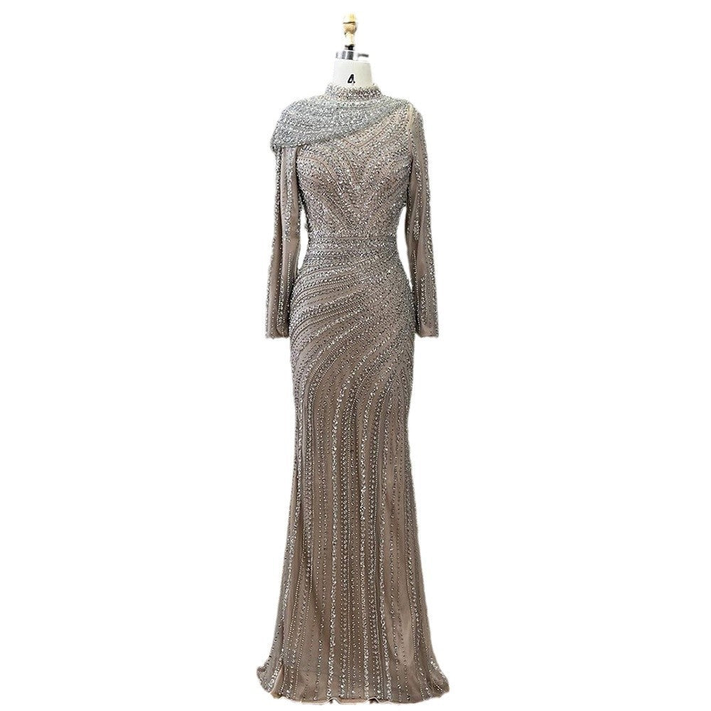 Premium Silver Nude Fishtail Slim Beaded Women’s Dress