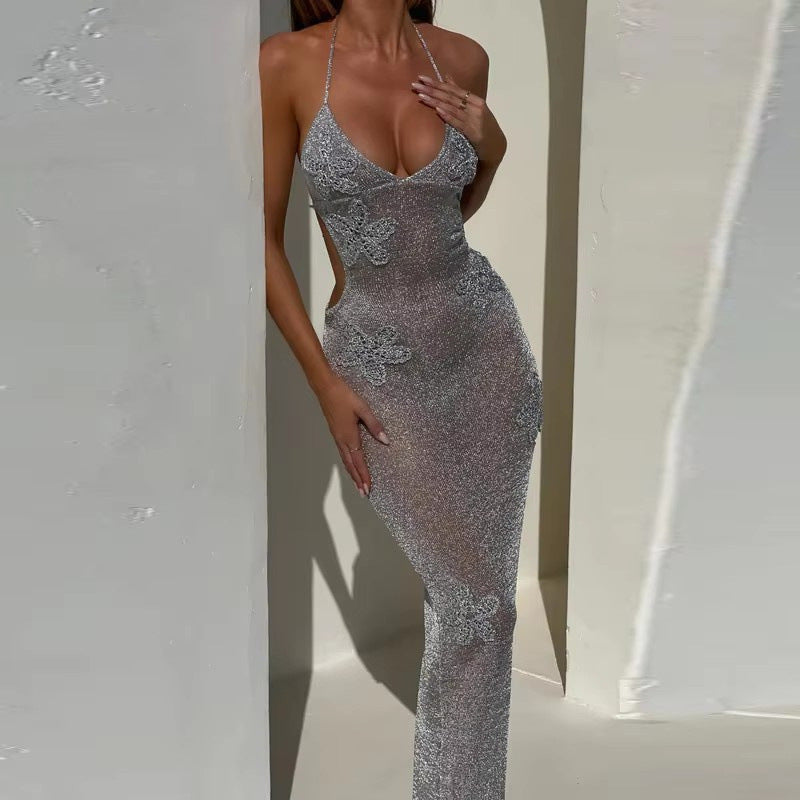 Women's Bright Silver Deep V Strap Slim Fit Backless Dress