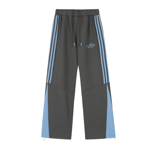 Side Stripe Color Matching Ribbon Three Bars Loose Straight Velvet Trousers