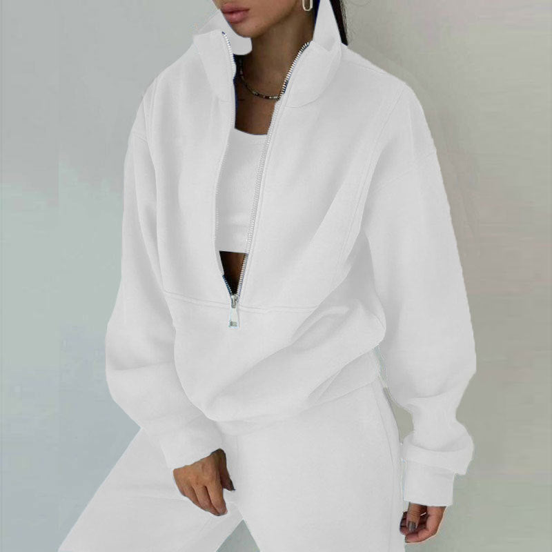 Women's Zipper Fleece Sweater and Pants Set - Casual Sportswear
