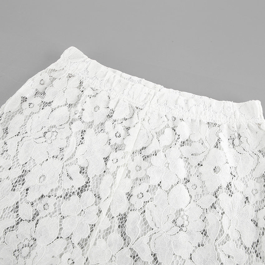 White Cotton Lace Jacquard See-Through High Waist Flared Pants
