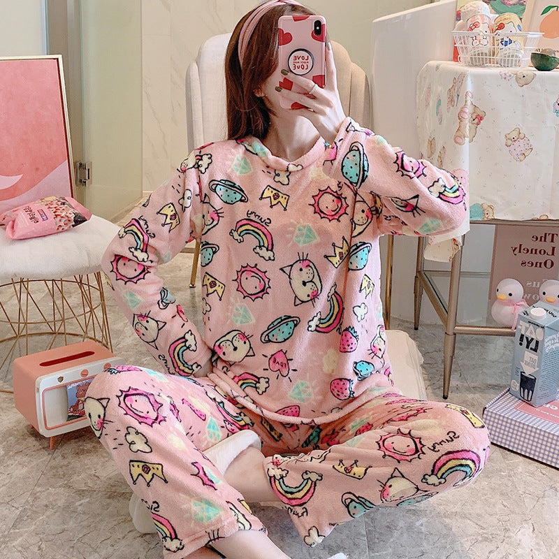 Winter Flannel Long Sleeve Thicken Plus Fleece Homewear Pajamas for Women