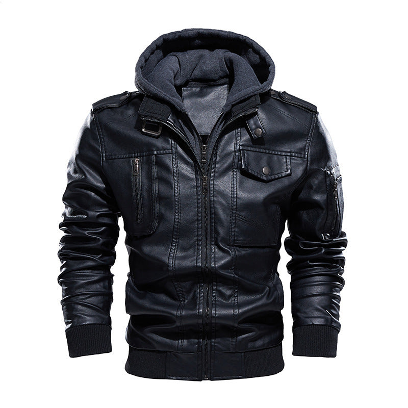 Men's Washed PU Leather Jacket with Removable Hood and Zipper Closure