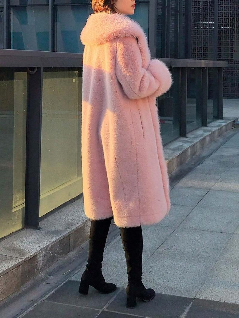Women's Thick Faux Rabbit Fur Mid-Length Leather Coat