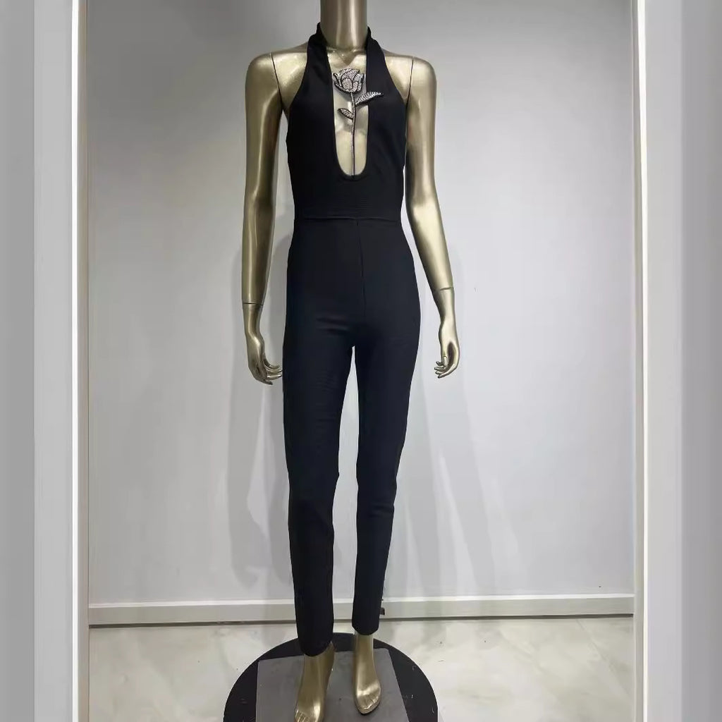 Halter Deep V Black Lace-Up Diamond Rose Tight Jumpsuit Party Dress