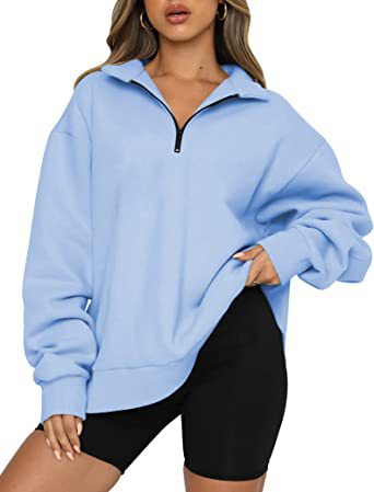 Sweat-shirt zippé femme à col rabattu – Haut pull ample et décontracté