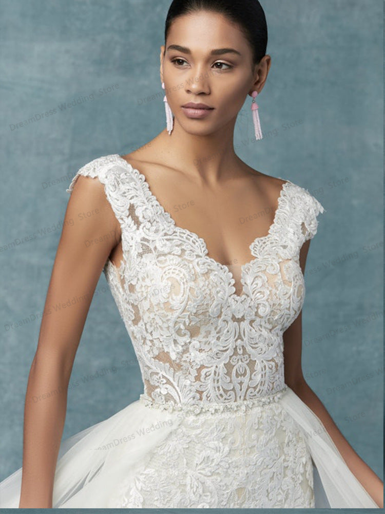 Embroidery Lace Sleeveless Wedding Dress Two-Piece Suit with Removable Skirt by Silk