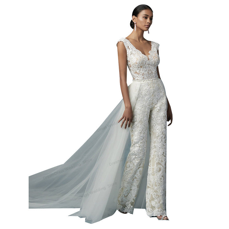 Embroidery Lace Sleeveless Wedding Dress Two-Piece Suit with Removable Skirt by Silk