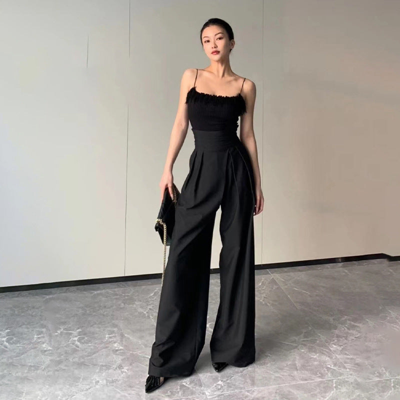 Pantalon ample noir taille haute à drapé pour femme