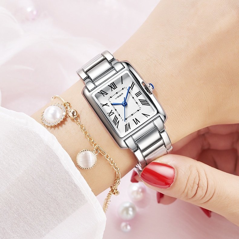 Vagran Needle Women's Retro Small Square Watch - Silver & Rose Gold, 24mm Dial