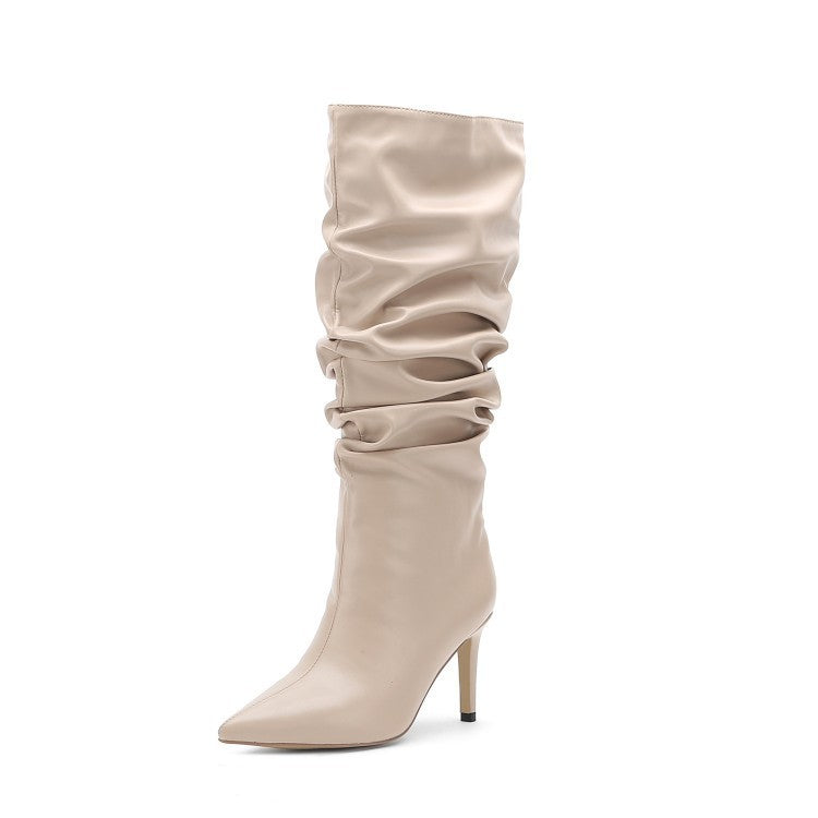 Pleated Mid Boot Pointed Toe High Slim Heel Rubber Sole PU