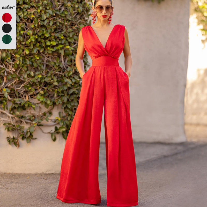 Combinaison unie col en V taille haute jambes larges