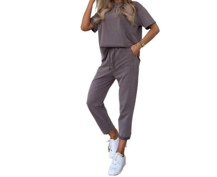 Solid Color Short-Sleeve Cropped Pants Casual 2-Piece Set