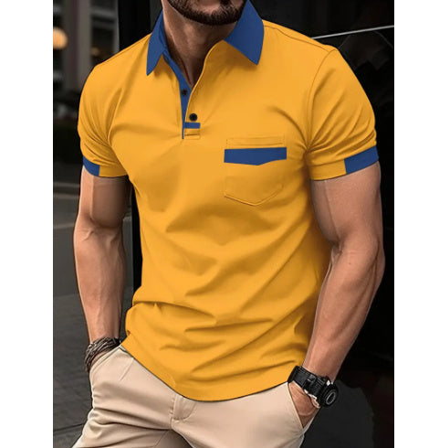 Men's Color Matching Pocket Polo Shirt with Zipper Detail