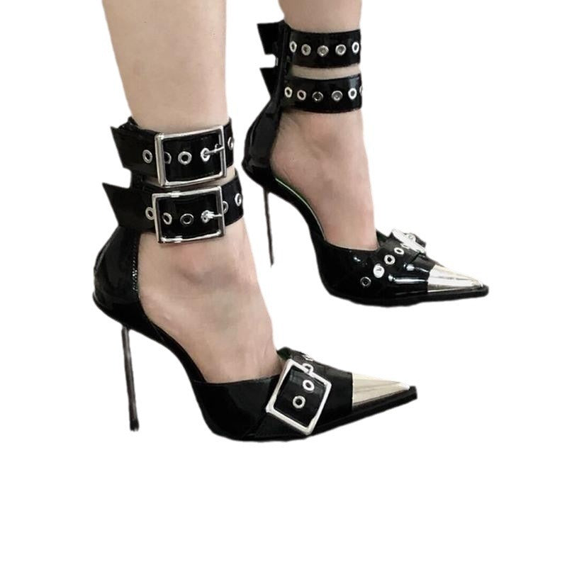 Pointed Toe Stiletto Heels with Metal Buckle Non-Slip Rubber Sole