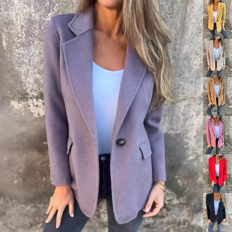 Women's Short Button Lapel Woolen Blazer Winter Commuter Jacket