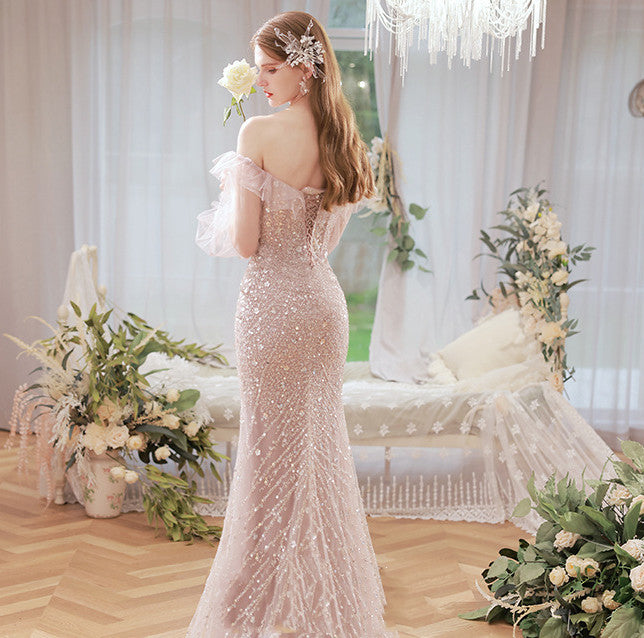 Peach Pink Sleeveless One-Shoulder Wedding Toast Dinner Dress