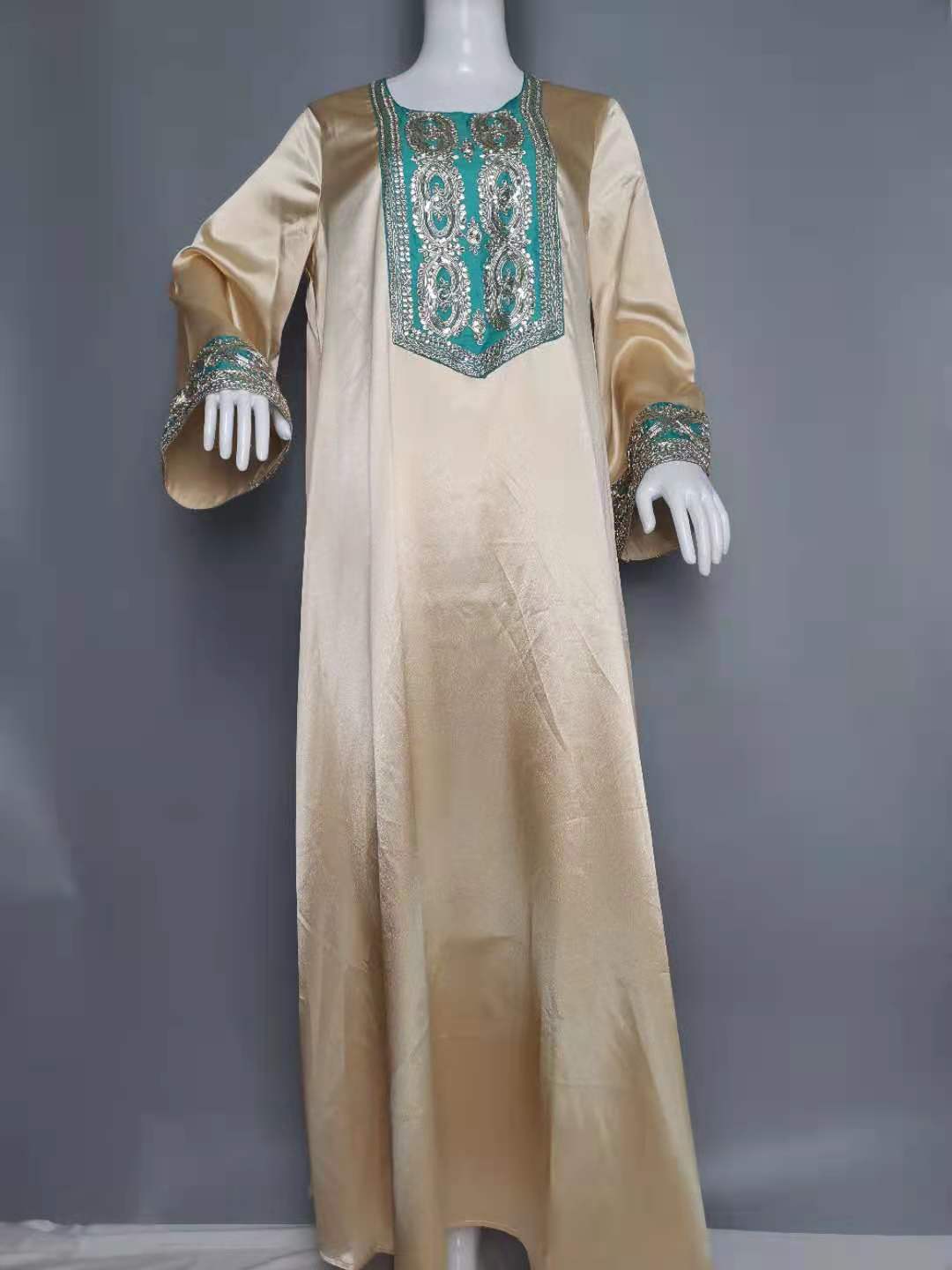 New Sequined Gold Silk Solid Color Long Sleeve Arab Dress Women
