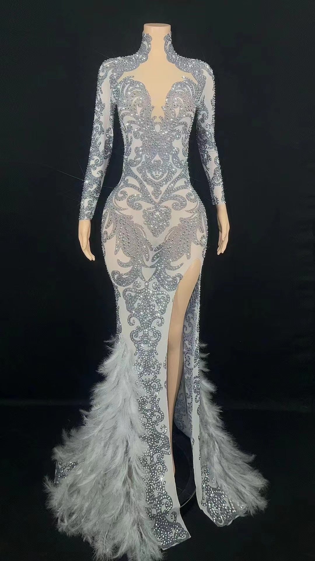 Women's Beaded Feather Long Tight Jumpsuit Dress