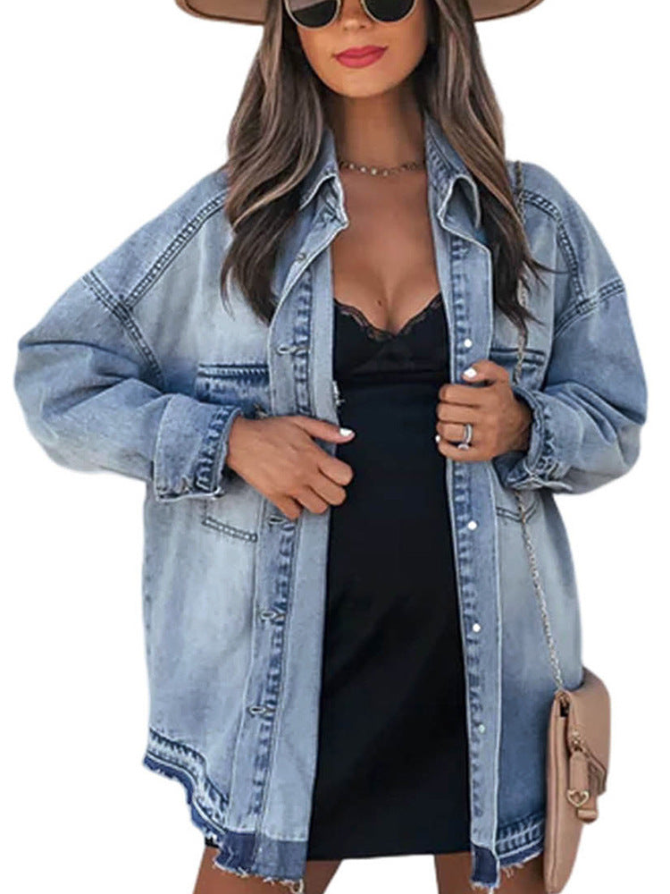 Haut à manches longues en jean de coton de style rétro pour femme