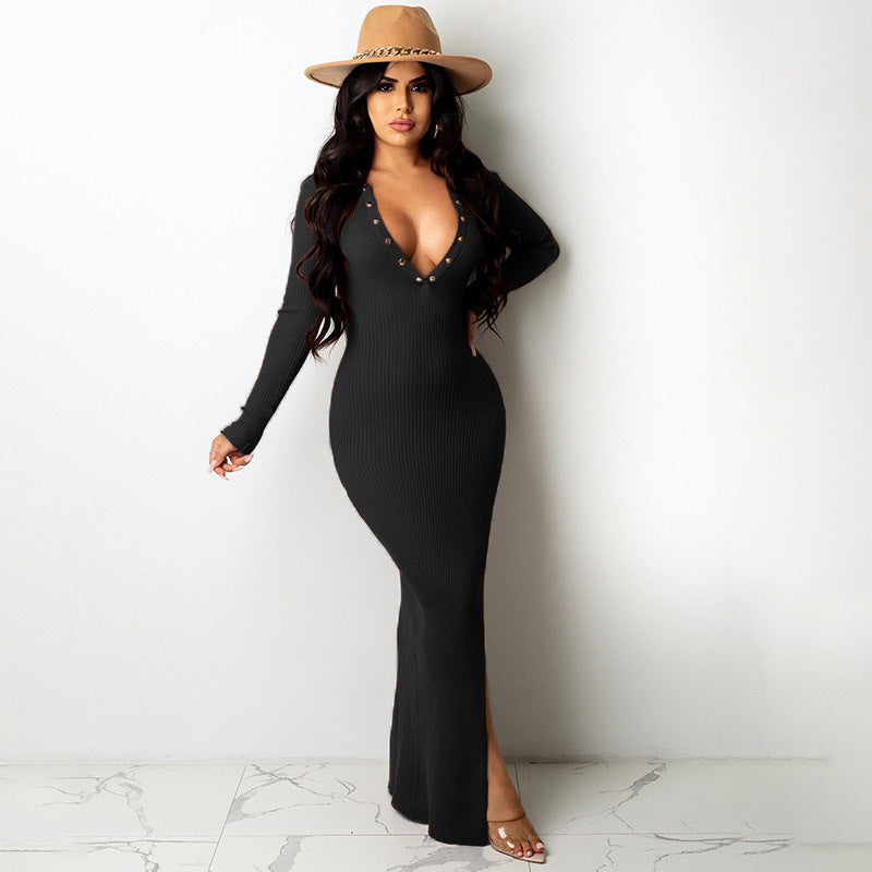 Backless Lapel Dress with Long Sleeves and Slit Midi Skirt