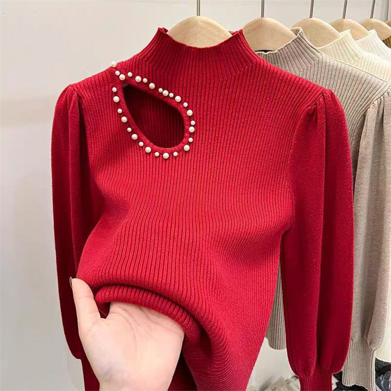 Beaded Half Turtleneck Puff Sleeve Long Sleeve Shirt